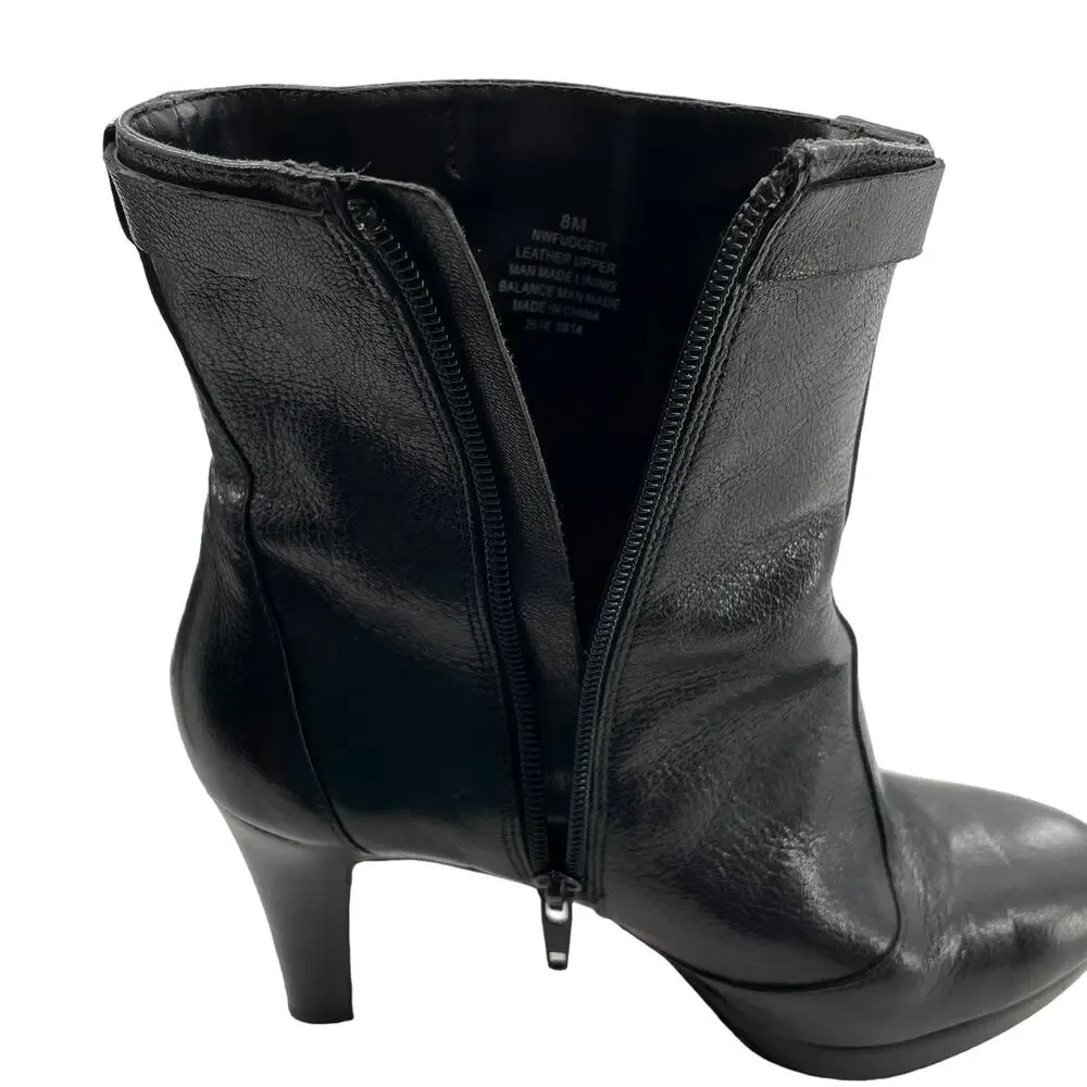 Nine West Fudgeit Black Leather Stiletto Heel Inside Zip Buckle Ankle Booties 8